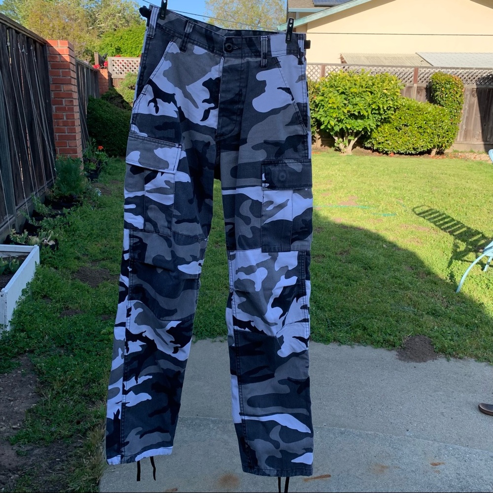 Black and White Camo High Waisted Cargo Pants